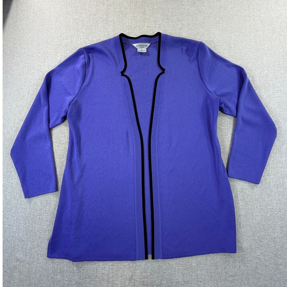 Misook Women's Petite Small Lilac Black Open Front Long Sleeve Cardigan Sweater